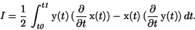\begin{displaymath}I = \frac{1}{2}\,\int _{{\it t0}}^{{\it t1}}{\rm y}(t)\,({\fr...
...{\rm x}(t)\,({\frac {
\partial }{\partial t}}\,{\rm y}(t))\,dt.\end{displaymath}